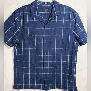 Express Navy Seersucker Plaid Short Sleeve Button Up Shirt Men’s L